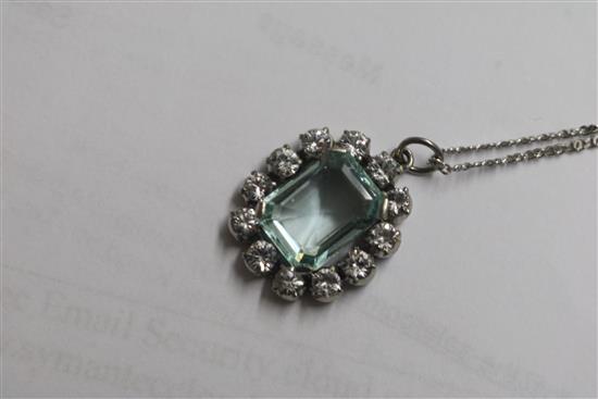 A white gold, aquamarine and colourless stone cluster pendant on an 18ct white gold chain, bar brooch & pin.